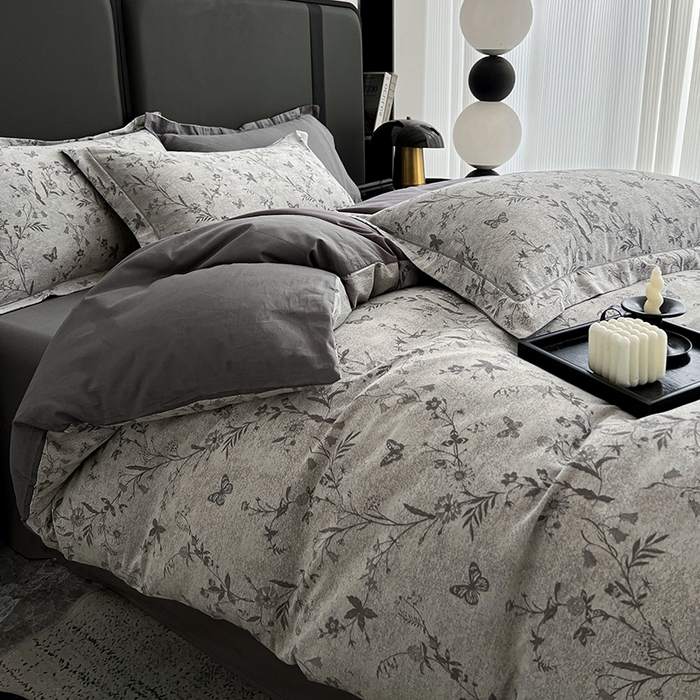 91家纺网 家纺一手货源 找家纺 锦彩家居 2025新款A类60支全棉纯棉色织提花四件套-复古风系列 蝴蝶花影-灰