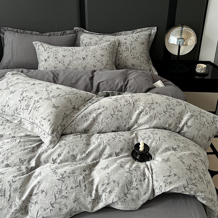 91家纺网 家纺一手货源 找家纺 锦彩家居 2025新款A类60支全棉纯棉色织提花四件套-复古风系列 蝴蝶花影-灰