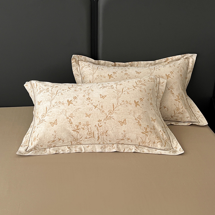 91家纺网 家纺一手货源 找家纺 锦彩家居 2025新款A类60支全棉纯棉色织提花四件套-复古风系列 蝴蝶花影-卡其