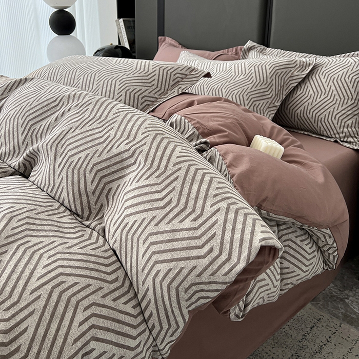 锦彩家居 2025新款A类60支全棉纯棉色织提花四件套-复古风系列 简雅几何-豆沙