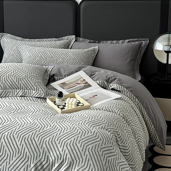 91家纺网 家纺一手货源 找家纺 锦彩家居 2025新款A类60支全棉纯棉色织提花四件套-复古风系列 简雅几何-灰