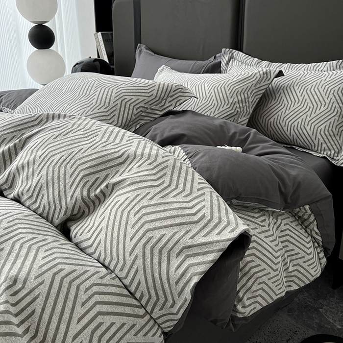 91家纺网 家纺一手货源 找家纺 锦彩家居 2025新款A类60支全棉纯棉色织提花四件套-复古风系列 简雅几何-灰