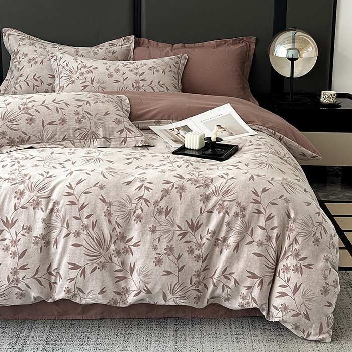 91家纺网 家纺一手货源 找家纺 锦彩家居 2025新款A类60支全棉纯棉色织提花四件套-复古风系列 暮光蒲英-豆沙