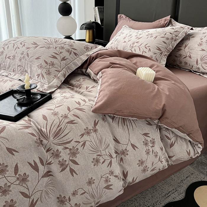 91家纺网 家纺一手货源 找家纺 锦彩家居 2025新款A类60支全棉纯棉色织提花四件套-复古风系列 暮光蒲英-豆沙