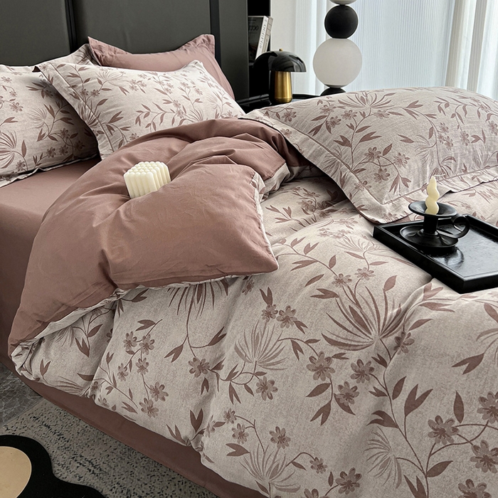 91家纺网 家纺一手货源 找家纺 锦彩家居 2025新款A类60支全棉纯棉色织提花四件套-复古风系列 暮光蒲英-豆沙