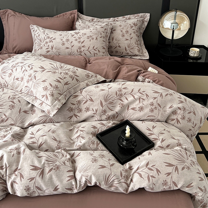 91家纺网 家纺一手货源 找家纺 锦彩家居 2025新款A类60支全棉纯棉色织提花四件套-复古风系列 暮光蒲英-豆沙