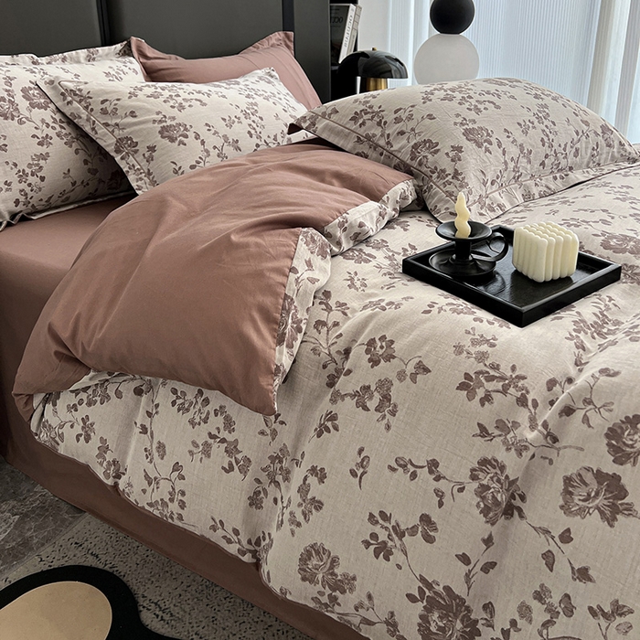 91家纺网 家纺一手货源 找家纺 锦彩家居 2025新款A类60支全棉纯棉色织提花四件套-复古风系列 屋顶花园-豆沙