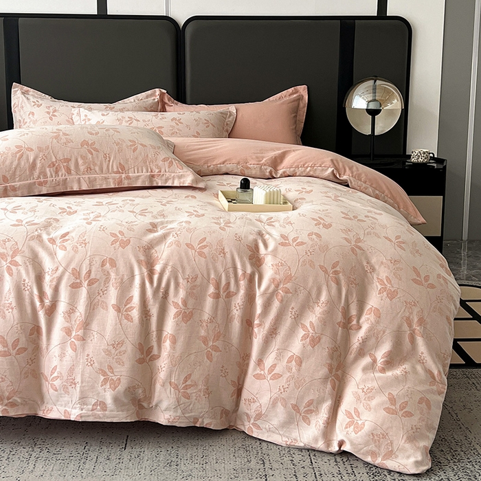 91家纺网 家纺一手货源 找家纺 锦彩家居 2025新款A类60支全棉纯棉色织提花四件套-复古风系列 枝繁叶茂-粉