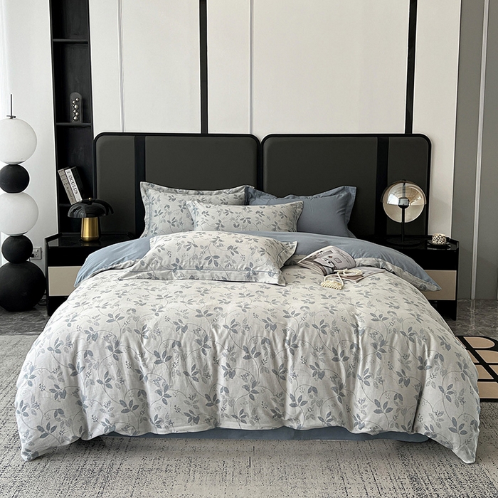 91家纺网 家纺一手货源 找家纺 锦彩家居 2025新款A类60支全棉纯棉色织提花四件套-复古风系列 枝繁叶茂-蓝