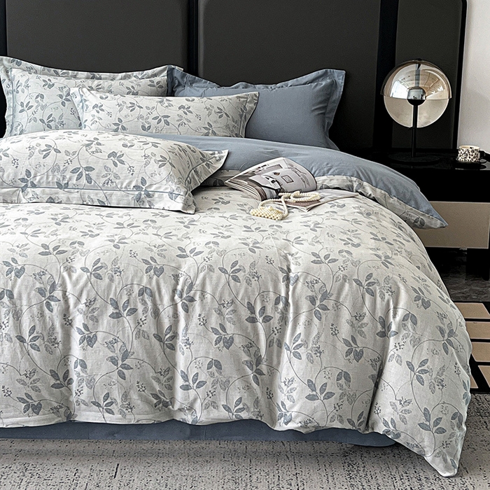 91家纺网 家纺一手货源 找家纺 锦彩家居 2025新款A类60支全棉纯棉色织提花四件套-复古风系列 枝繁叶茂-蓝