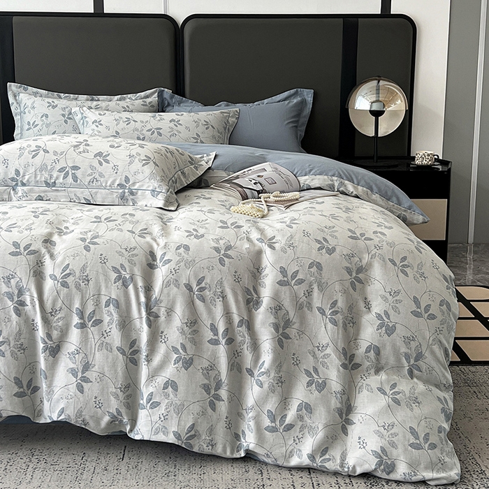 91家纺网 家纺一手货源 找家纺 锦彩家居 2025新款A类60支全棉纯棉色织提花四件套-复古风系列 枝繁叶茂-蓝