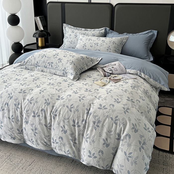 91家纺网 家纺一手货源 找家纺 锦彩家居 2025新款A类60支全棉纯棉色织提花四件套-复古风系列 枝繁叶茂-蓝