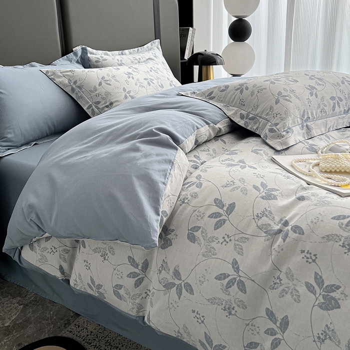 91家纺网 家纺一手货源 找家纺 锦彩家居 2025新款A类60支全棉纯棉色织提花四件套-复古风系列 枝繁叶茂-蓝