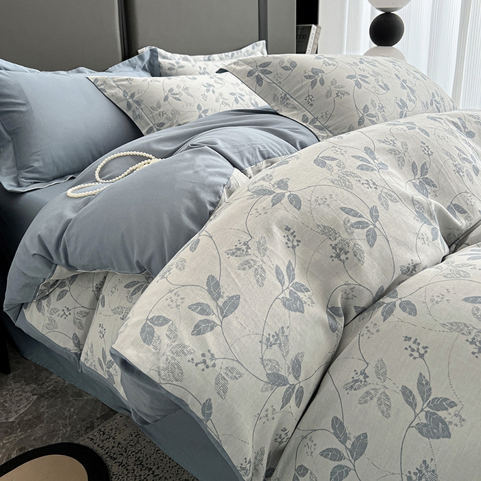 91家纺网 家纺一手货源 找家纺 锦彩家居 2025新款A类60支全棉纯棉色织提花四件套-复古风系列 枝繁叶茂-蓝