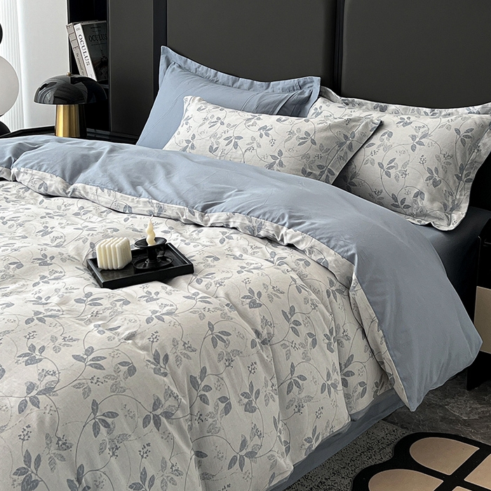 91家纺网 家纺一手货源 找家纺 锦彩家居 2025新款A类60支全棉纯棉色织提花四件套-复古风系列 枝繁叶茂-蓝