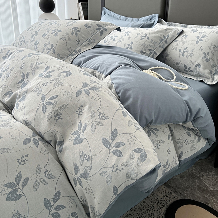 91家纺网 家纺一手货源 找家纺 锦彩家居 2025新款A类60支全棉纯棉色织提花四件套-复古风系列 枝繁叶茂-蓝