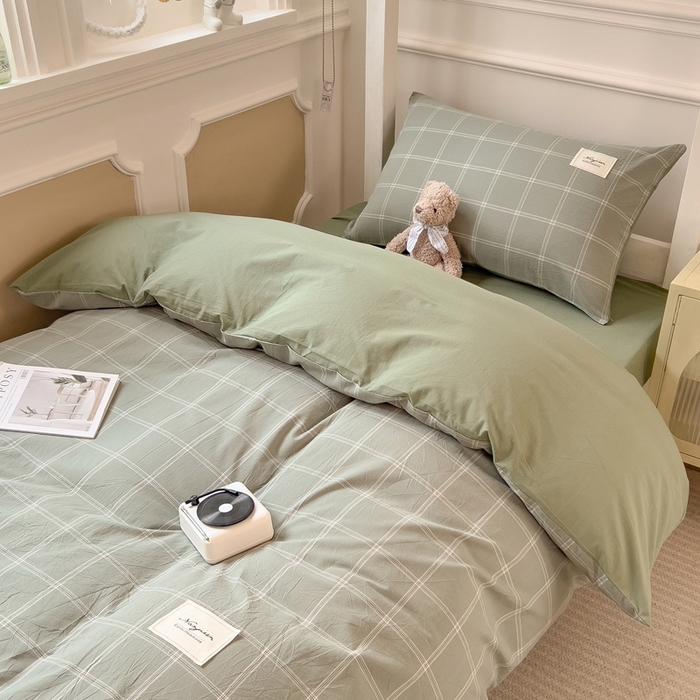 91家纺网 家纺一手货源 找家纺 宝士康家纺 2025新款亲肤水洗棉学生床笠款六件套 芒格绿