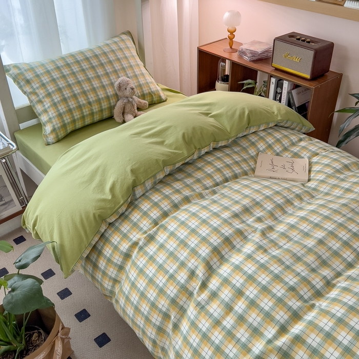 91家纺网 家纺一手货源 找家纺 宝士康家纺 2025新款亲肤水洗棉学生床笠款六件套 芒格绿