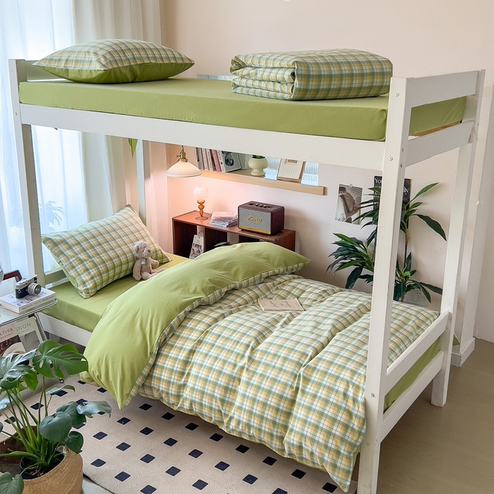 91家纺网 家纺一手货源 找家纺 宝士康家纺 2025新款亲肤水洗棉学生床笠款六件套 芒格绿