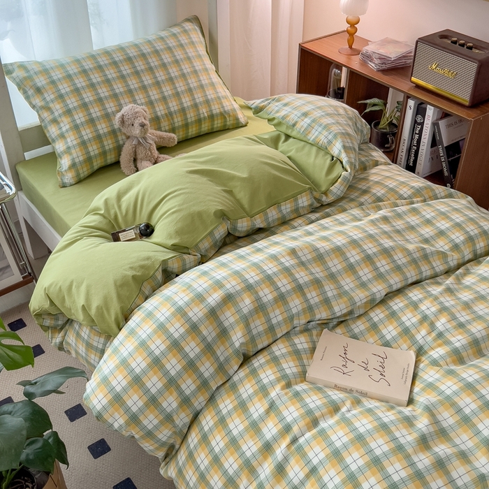 91家纺网 家纺一手货源 找家纺 宝士康家纺 2025新款亲肤水洗棉学生床笠款六件套 芒格绿