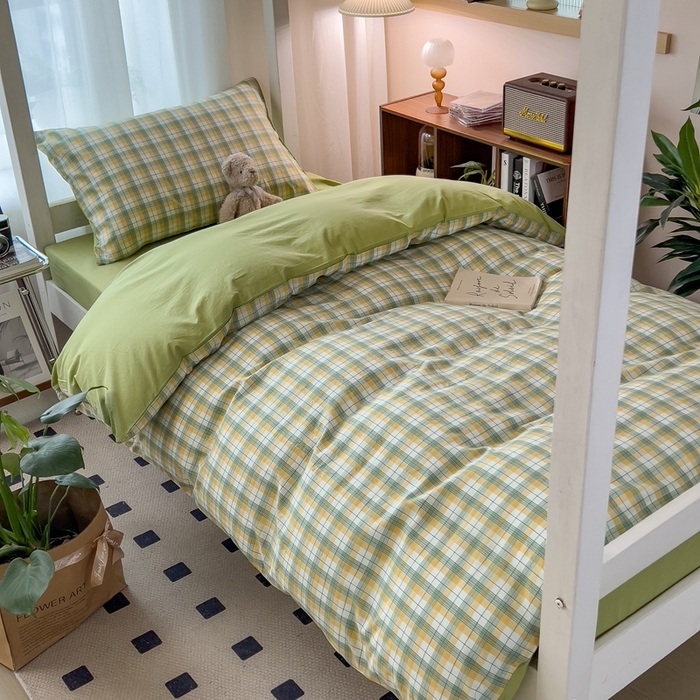 91家纺网 家纺一手货源 找家纺 宝士康家纺 2025新款亲肤水洗棉学生床笠款六件套 芒格绿