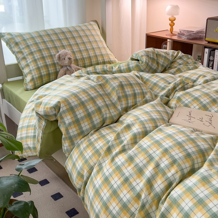 91家纺网 家纺一手货源 找家纺 宝士康家纺 2025新款亲肤水洗棉学生床笠款六件套 芒格绿