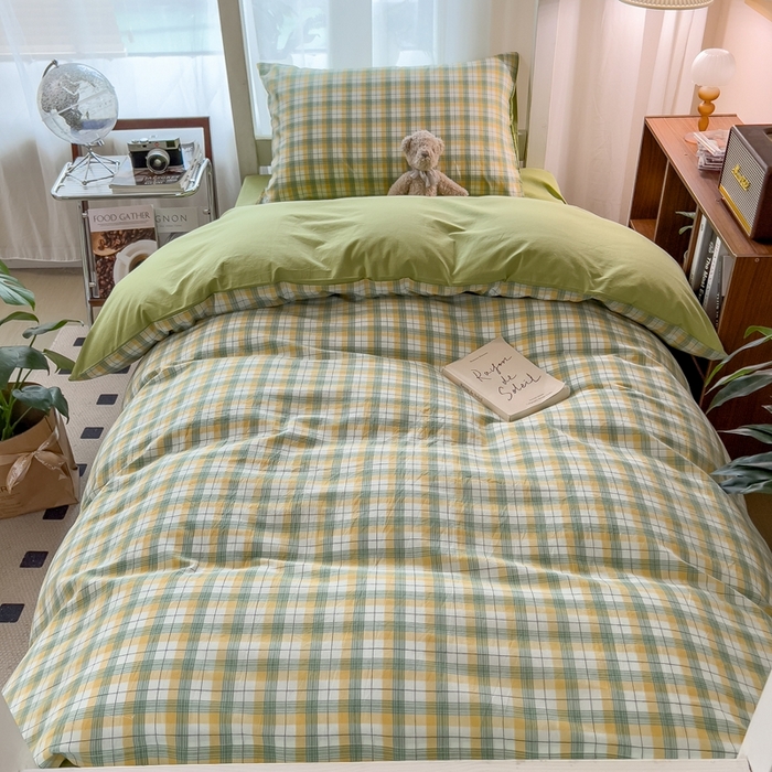 91家纺网 家纺一手货源 找家纺 宝士康家纺 2025新款亲肤水洗棉学生床笠款六件套 芒格绿