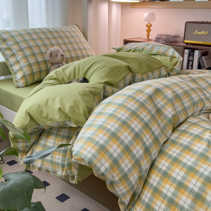 91家纺网 家纺一手货源 找家纺 宝士康家纺 2025新款亲肤水洗棉学生床笠款六件套 芒格绿