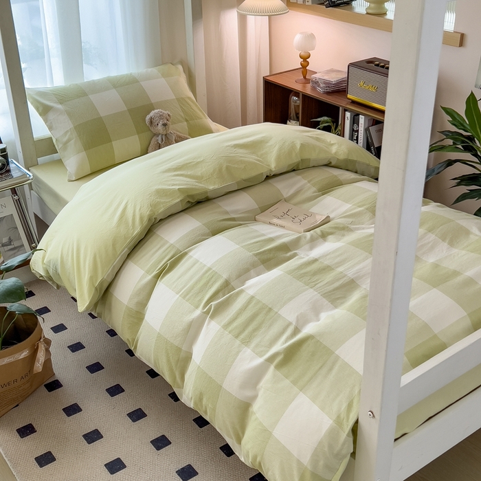 91家纺网 家纺一手货源 找家纺 宝士康家纺 2025新款亲肤水洗棉学生床笠款六件套 清雅中格