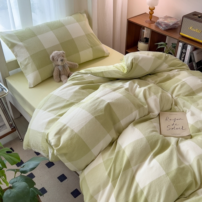 91家纺网 家纺一手货源 找家纺 宝士康家纺 2025新款亲肤水洗棉学生床笠款六件套 清雅中格