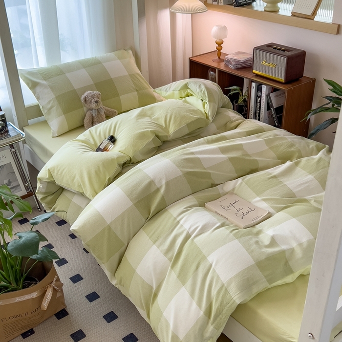 91家纺网 家纺一手货源 找家纺 宝士康家纺 2025新款亲肤水洗棉学生床笠款六件套 清雅中格