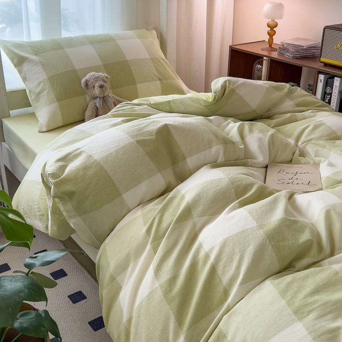 91家纺网 家纺一手货源 找家纺 宝士康家纺 2025新款亲肤水洗棉学生床笠款六件套 清雅中格