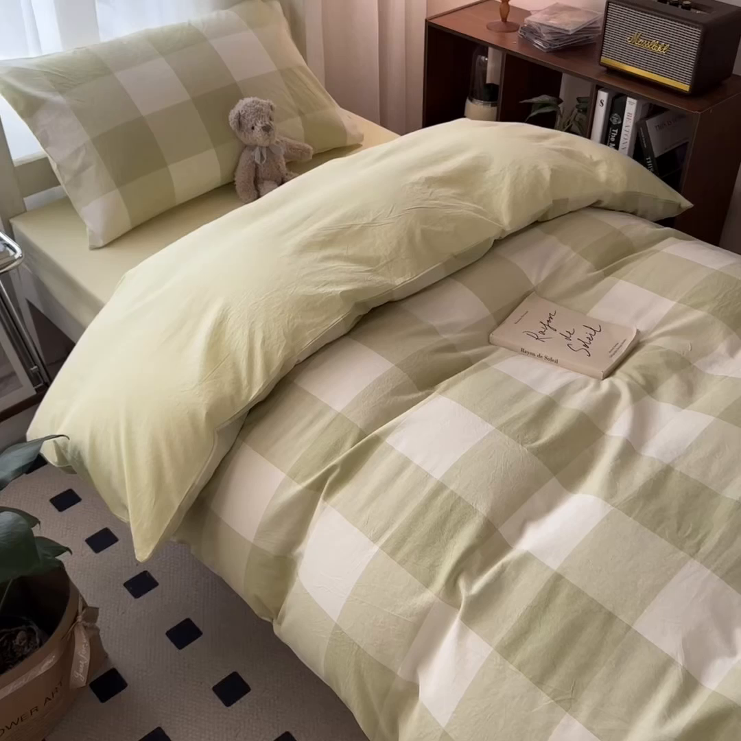 91家纺网 家纺一手货源 找家纺 宝士康家纺 2025新款亲肤水洗棉学生床笠款六件套 清雅中格