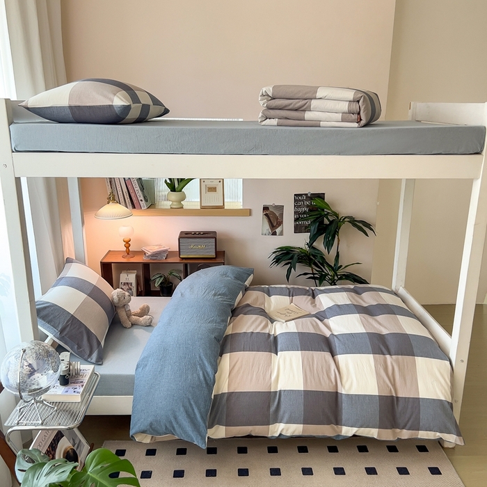 宝士康家纺 2025新款亲肤水洗棉学生床笠款六件套 深蓝大格