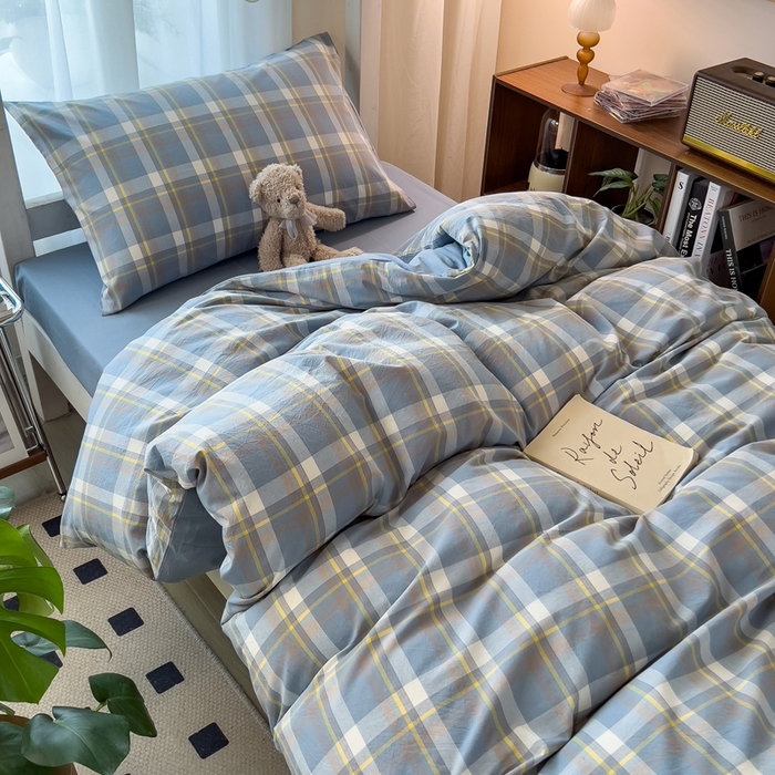 91家纺网 家纺一手货源 找家纺 宝士康家纺 2025新款亲肤水洗棉学生床笠款六件套 天蓝中格