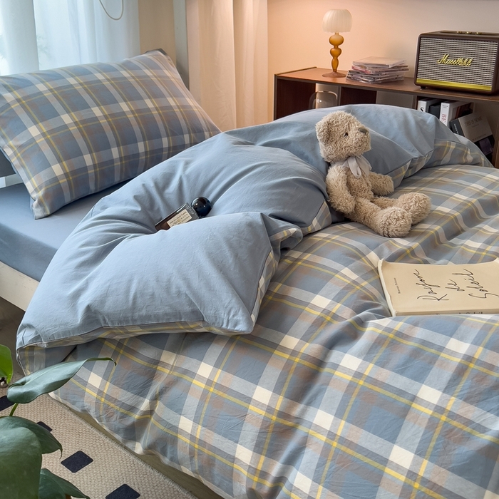 91家纺网 家纺一手货源 找家纺 宝士康家纺 2025新款亲肤水洗棉学生床笠款六件套 天蓝中格
