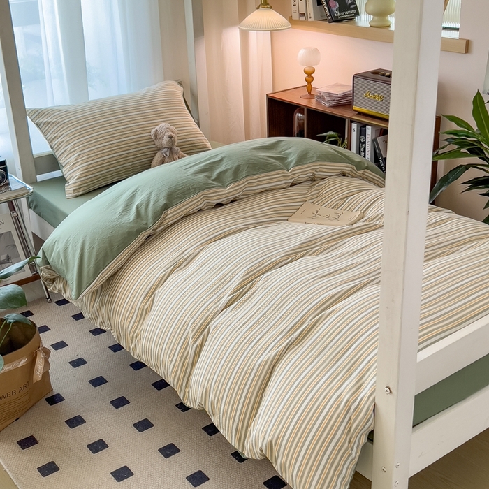 91家纺网 家纺一手货源 找家纺 宝士康家纺 2025新款亲肤水洗棉学生床笠款六件套 小绿条