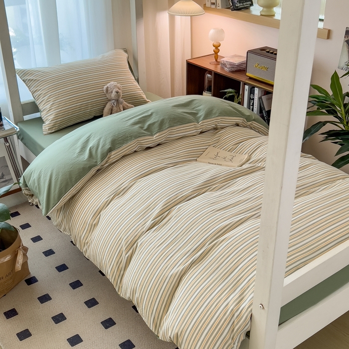 91家纺网 家纺一手货源 找家纺 宝士康家纺 2025新款亲肤水洗棉学生床笠款六件套 小绿条