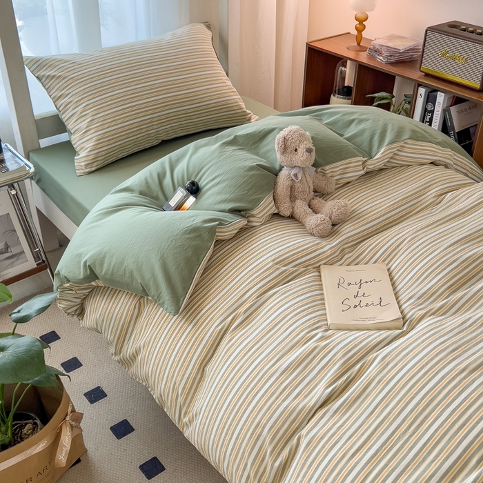 91家纺网 家纺一手货源 找家纺 宝士康家纺 2025新款亲肤水洗棉学生床笠款六件套 小绿条