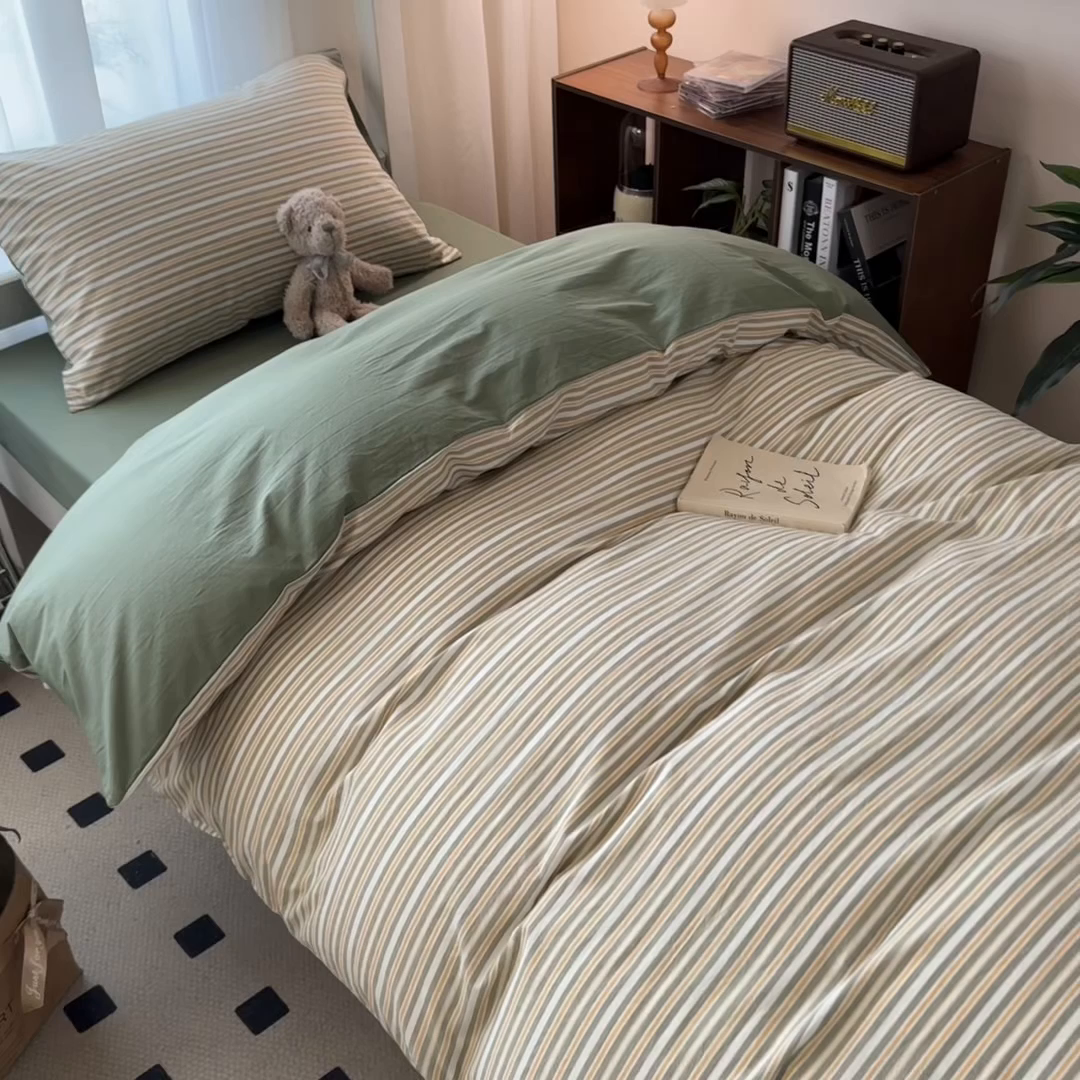 91家纺网 家纺一手货源 找家纺 宝士康家纺 2025新款亲肤水洗棉学生床笠款六件套 小绿条