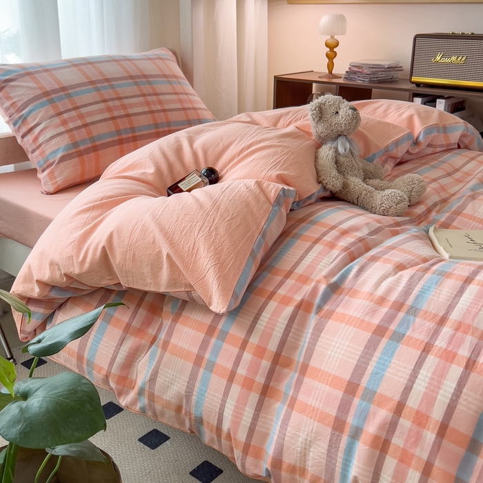 91家纺网 家纺一手货源 找家纺 宝士康家纺 2025新款亲肤水洗棉学生床笠款六件套 英伦粉