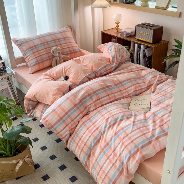 91家纺网 家纺一手货源 找家纺 宝士康家纺 2025新款亲肤水洗棉学生床笠款六件套 英伦粉