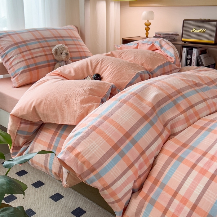 91家纺网 家纺一手货源 找家纺 宝士康家纺 2025新款亲肤水洗棉学生床笠款六件套 英伦粉