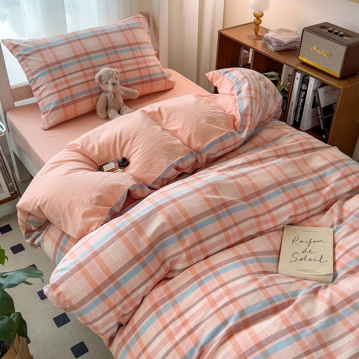 91家纺网 家纺一手货源 找家纺 宝士康家纺 2025新款亲肤水洗棉学生床笠款六件套 英伦粉