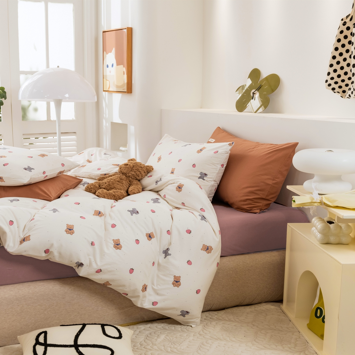 91家纺网 家纺一手货源 找家纺 博尔菲 2026新款全棉针织棉四件套 白底草莓熊