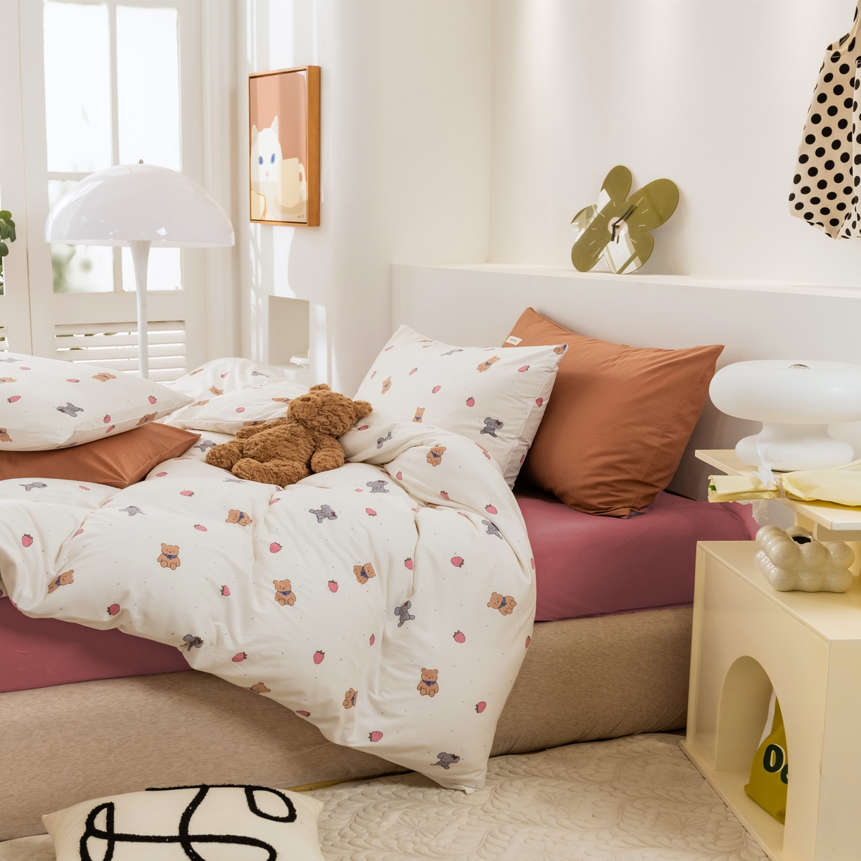 91家纺网 家纺一手货源 找家纺 博尔菲 2026新款全棉针织棉四件套 白底草莓熊