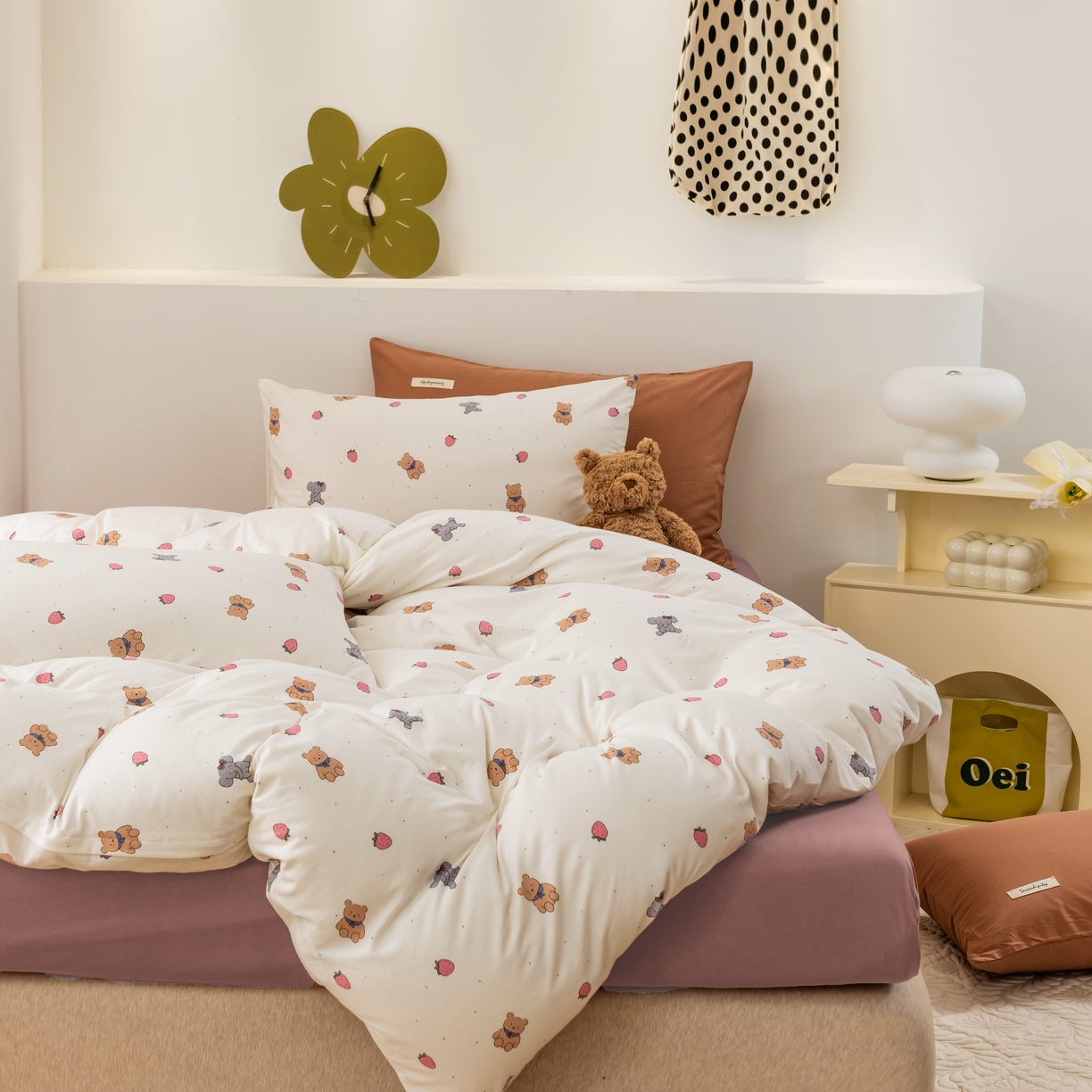 91家纺网 家纺一手货源 找家纺 博尔菲 2026新款全棉针织棉四件套 白底草莓熊