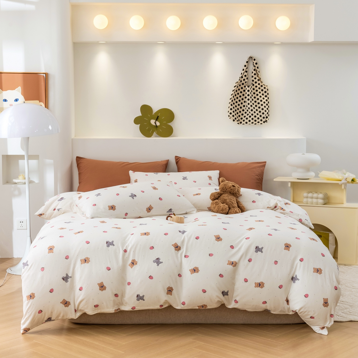 博尔菲 2026新款全棉针织棉四件套 白底草莓熊