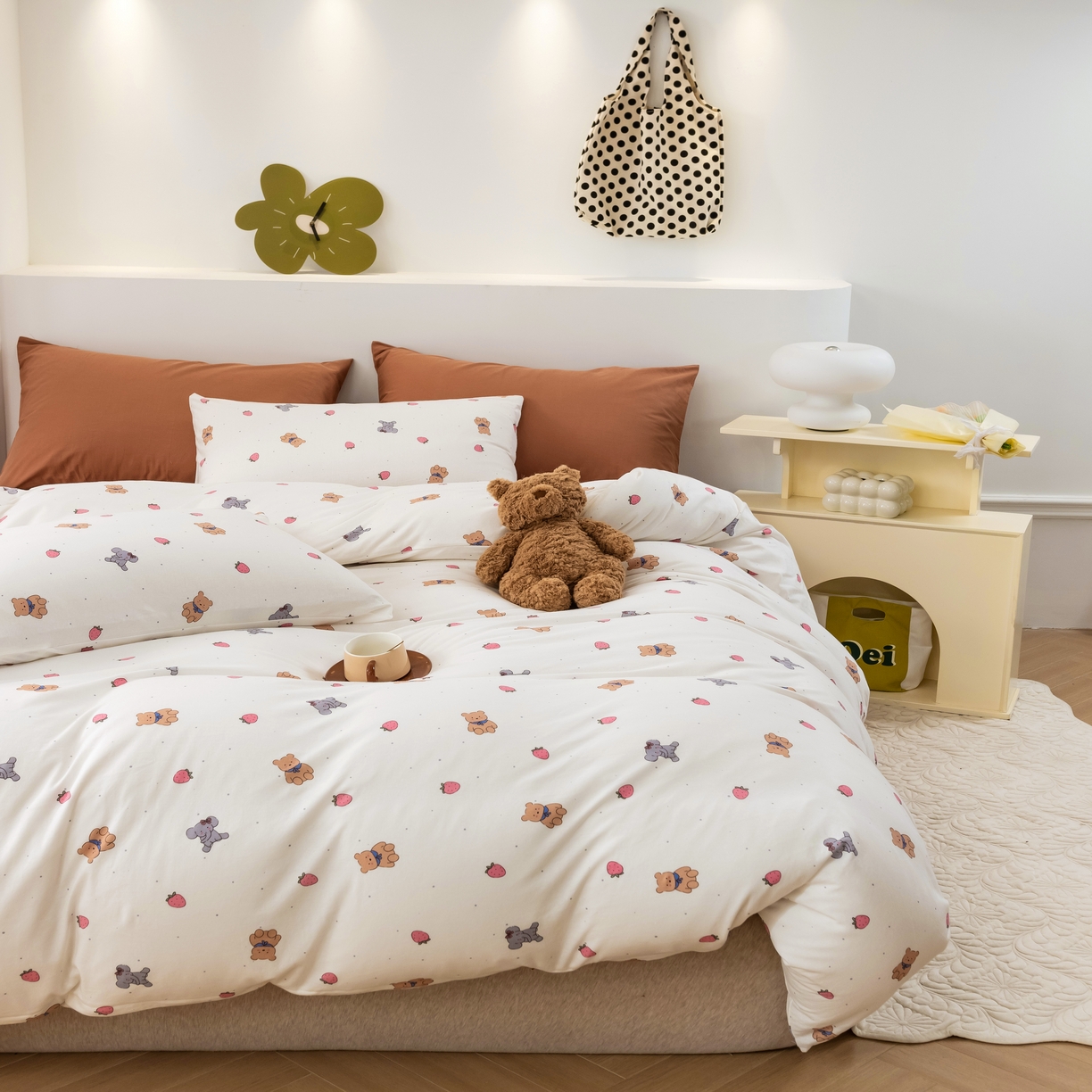 91家纺网 家纺一手货源 找家纺 博尔菲 2026新款全棉针织棉四件套 白底草莓熊