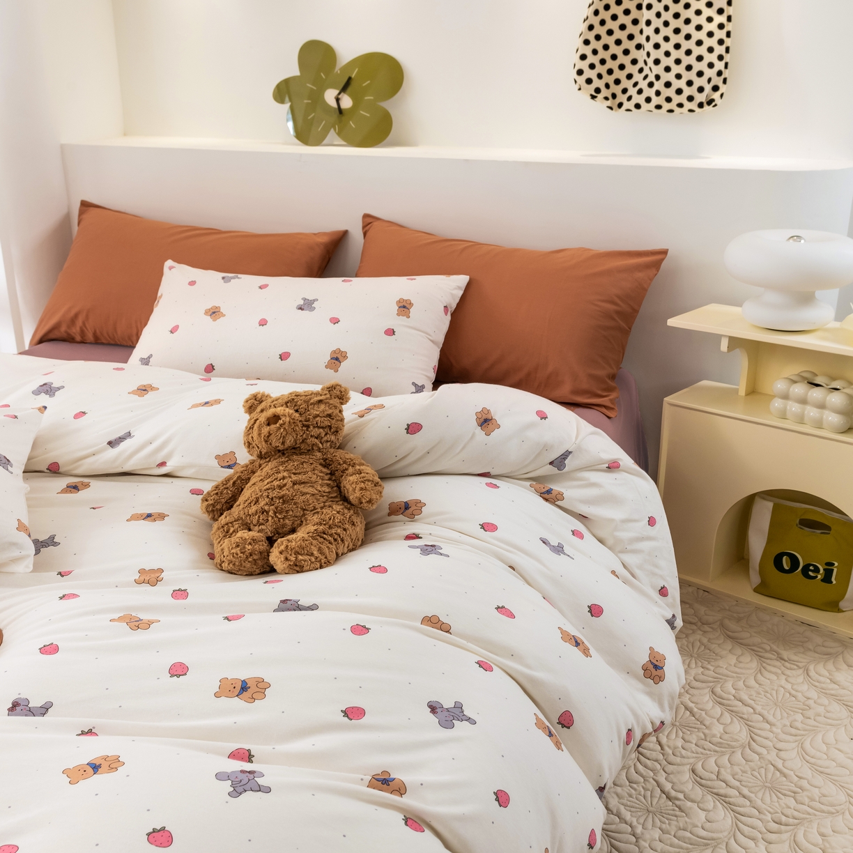 91家纺网 家纺一手货源 找家纺 博尔菲 2026新款全棉针织棉四件套 白底草莓熊